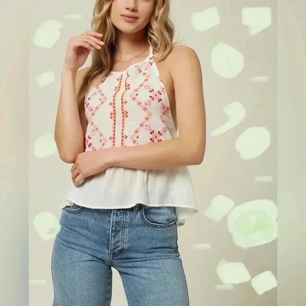 O’Neill Women’s Nikole Halter Pink Orange Red Embroidery Top Size Small